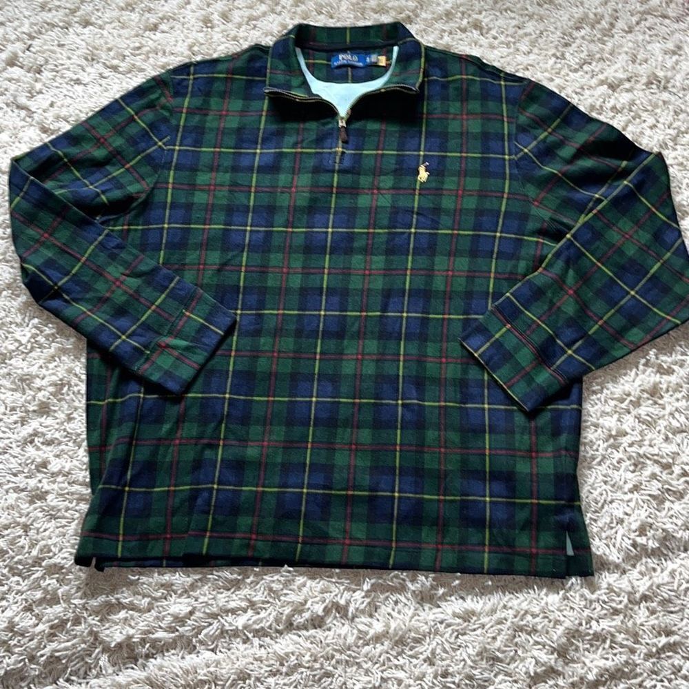 POLO RALPH LAUREN Men's Tartan Estate-Rib Cotton Quarter-Zip Pullover Sweater XL